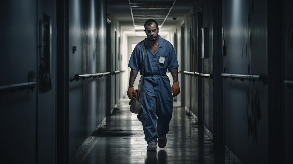 Mann wandelt durch düsteren Krankenhausflur.