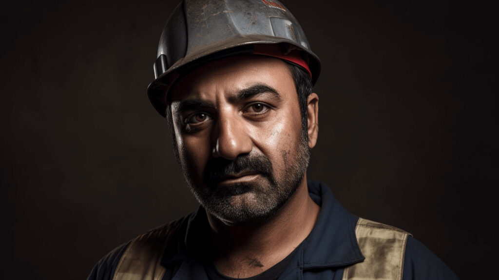 Bauarbeiter mit Helm im Portrait.