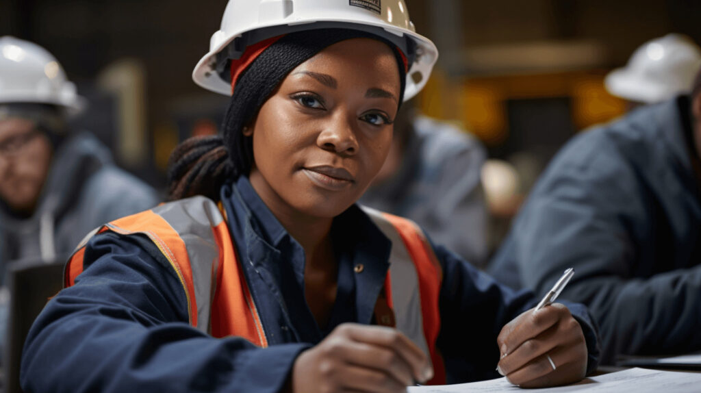 Ingenieurin mit Helm bei der Arbeit