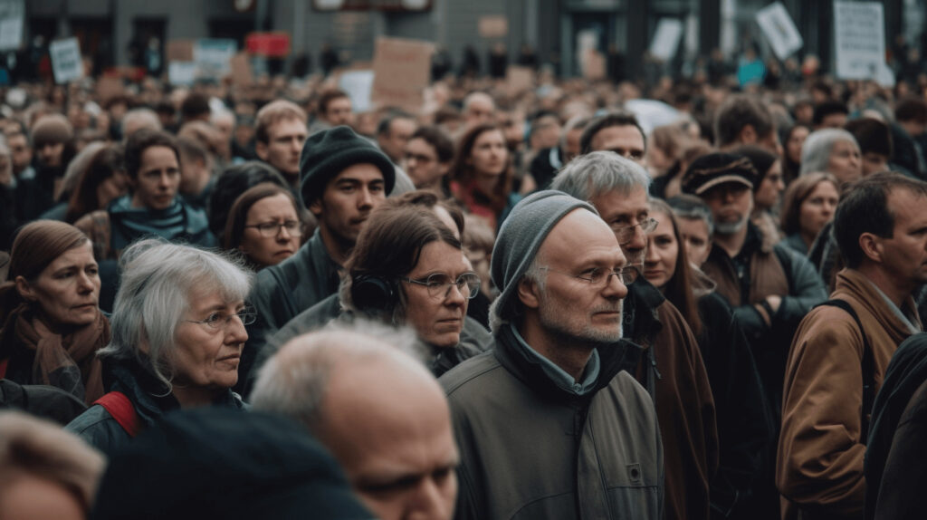 Menschenmenge bei Demonstration in der Stadt.