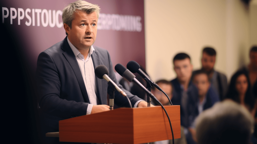 Mann spricht bei Pressekonferenz.