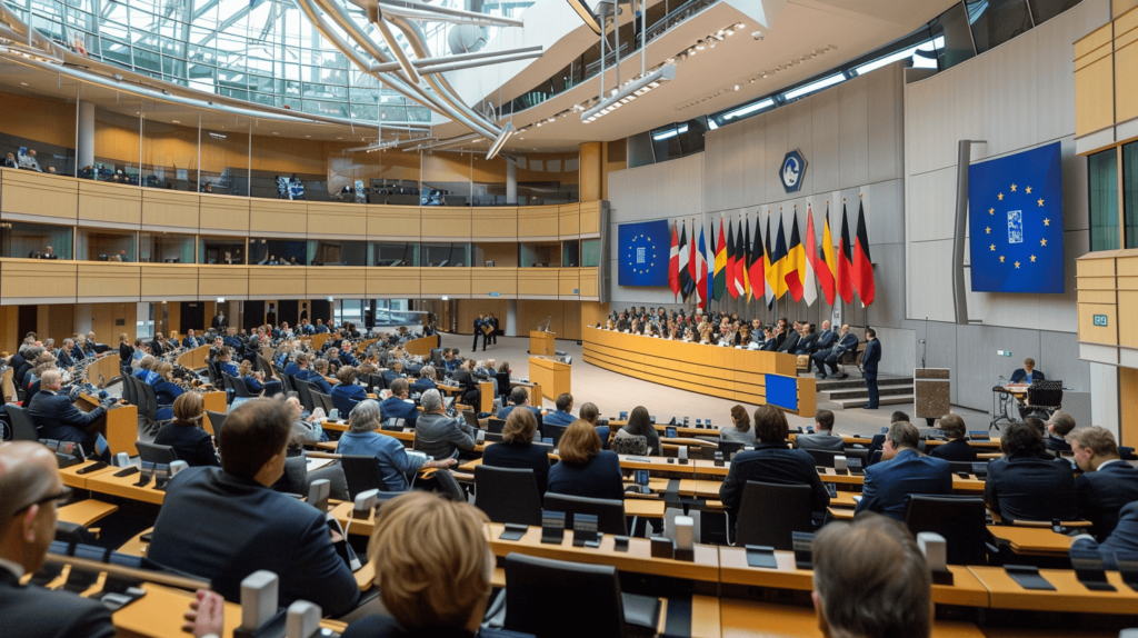 Sitzung im europäischen Parlament mit Flaggen.