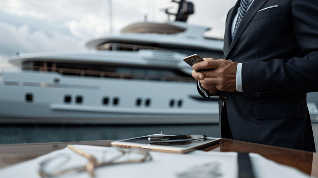 Geschäftsmann mit Handy vor Luxusyacht.