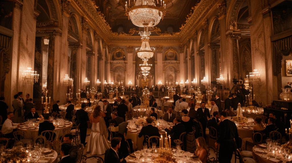 Elegantes Dinner in opulentem Ballsaal mit Kronleuchtern.