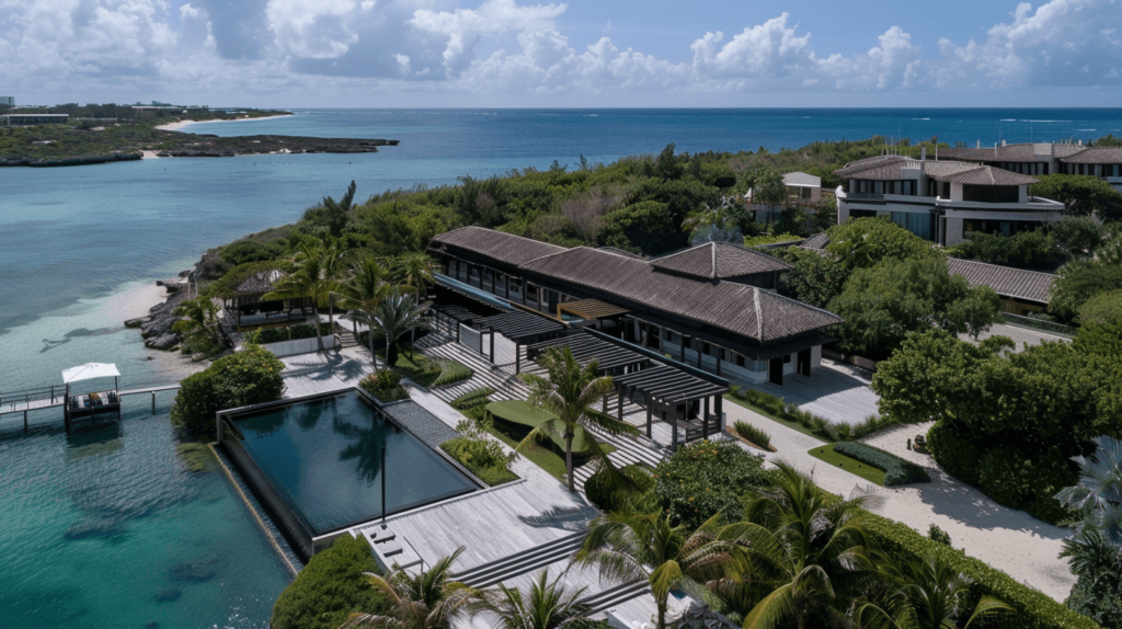 Luftaufnahme eines luxuriösen Strandresorts mit Pool.