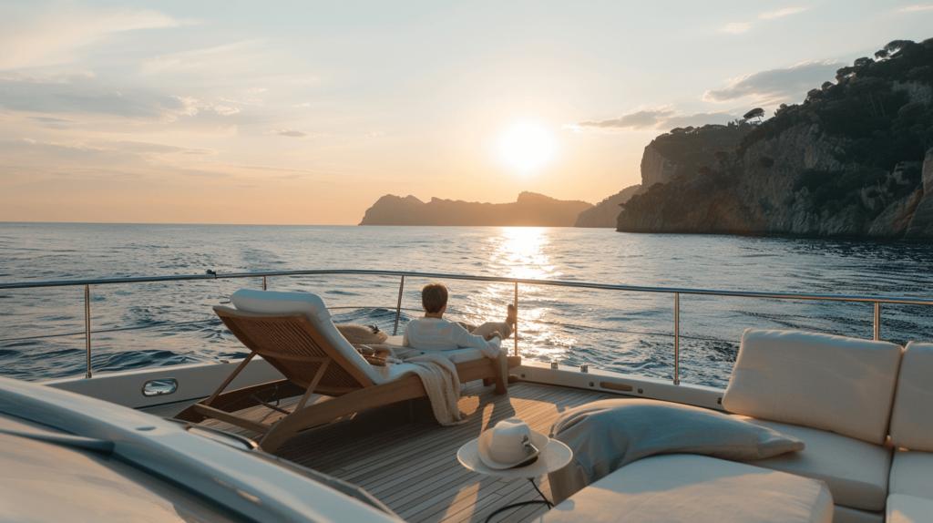 Person genießt Sonnenuntergang auf Yacht.