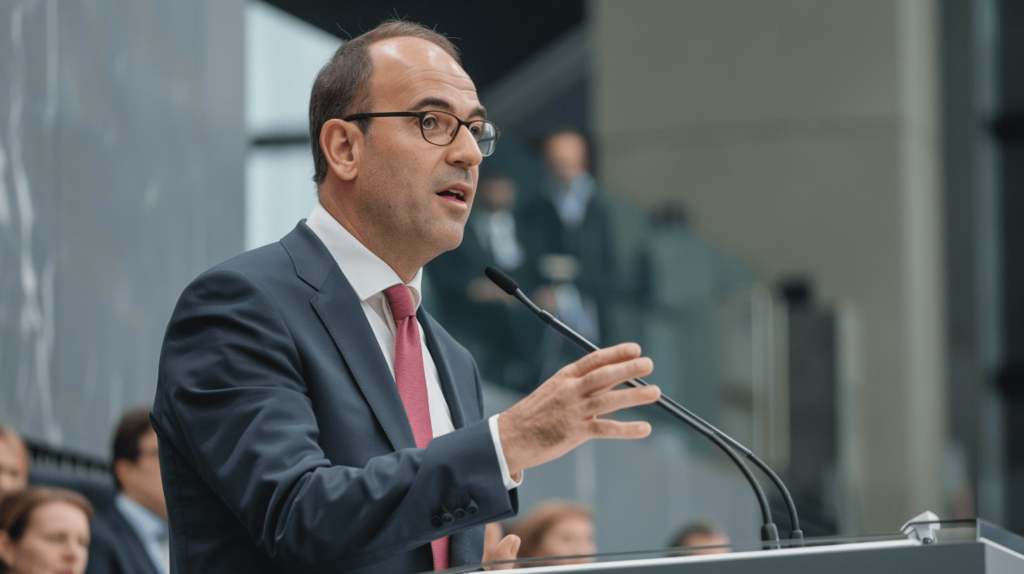 Mann hält Rede am Pult im Parlament.