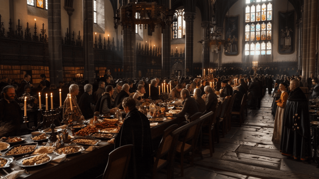 Mittelalterliches Festmahl in großer gotischer Halle