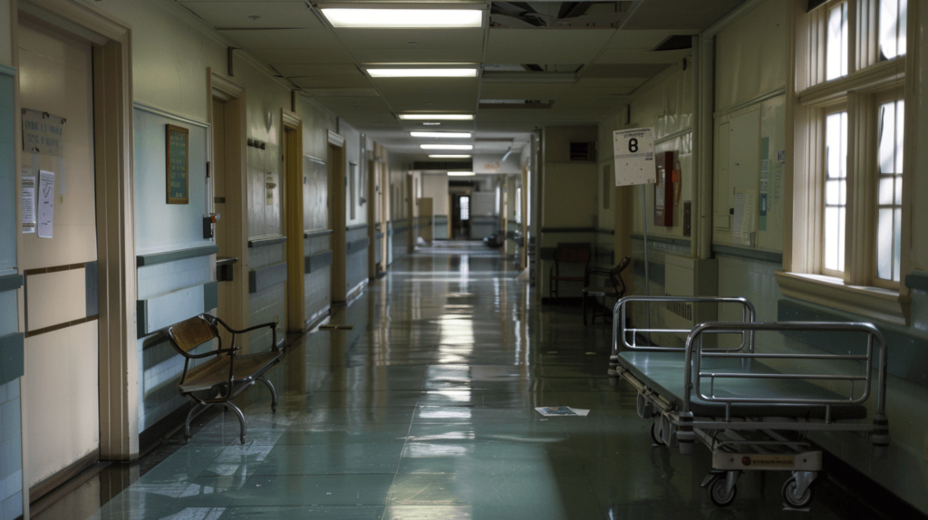 Leerer Krankenhausflur mit Betten und Stühlen