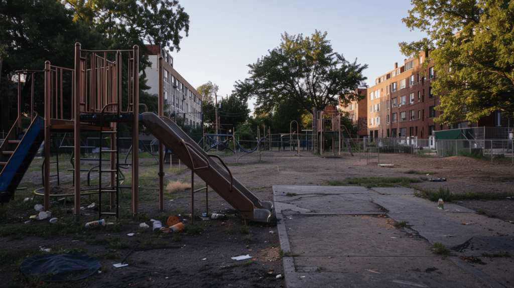 Verlassener Spielplatz bei Dämmerung