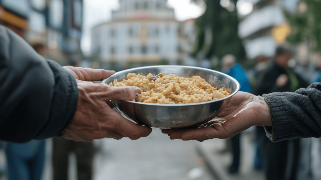 Hände übergeben Schüssel mit Essen auf Straße
