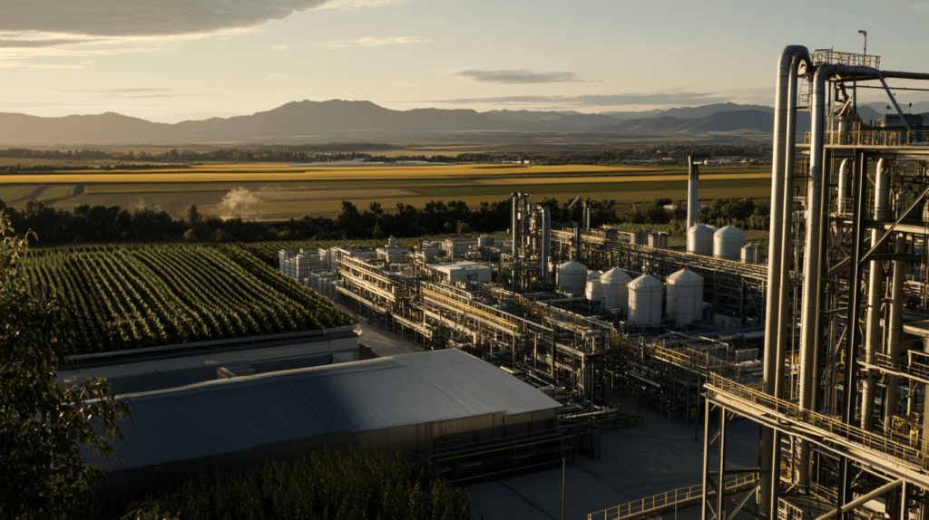 Industrieanlage bei Sonnenuntergang mit Bergblick