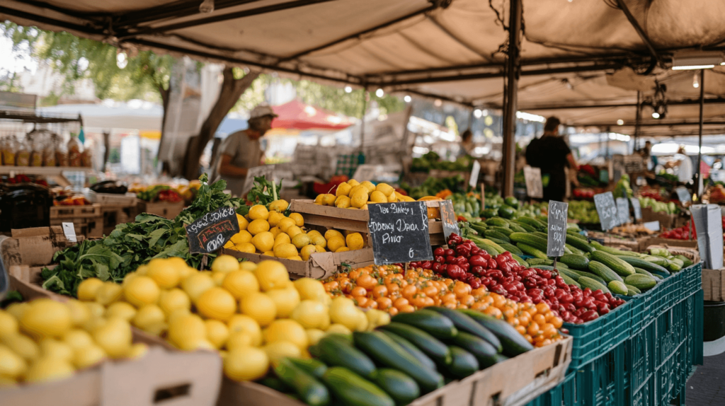 Bunter Gemüsemarkt mit frischen Produkten